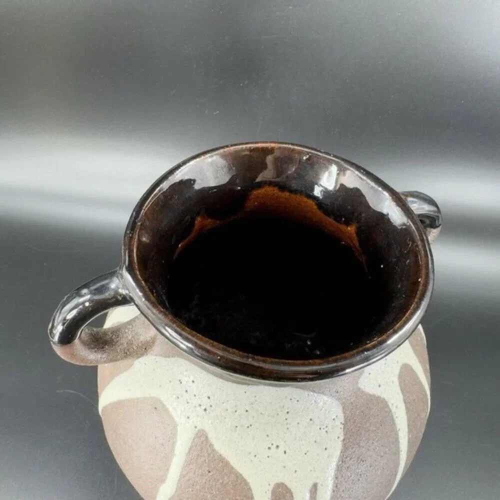 W Germany Pottery‎ Lava Glaze Vase Vessel Brown Drip Glaze RedWare With Handles